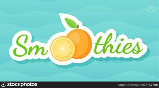Orange sticker fruit smoothie shake logo vector illustration. Fresh vegetarian smoothies drink label with raw fruit and tag Smoothie for decoration shop sticker, promo discount or sale offer banner. Orange sticker fruit smoothie shake logo graphic