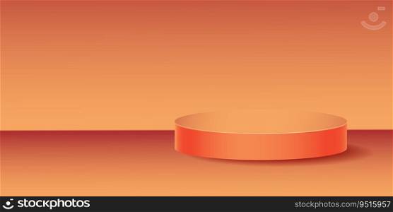 Orange studio background with stage podium and soft light. Minimalistic blank pedestal for product or object presentation. 3-D Vector Illustration frame for presentation, banner, cover, web, flyer
