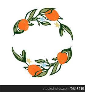 Orange summer fruit circle wreath. Summer frame for card, tag or invite. Vector hand drawn illustration isolate on white background. Orange fruit circle wreath. Summer frame for card, tag or invite. Vector illustration isolate on white background