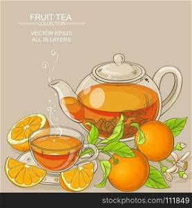 orange tea illustration. cup of orange tea and teapot on color background