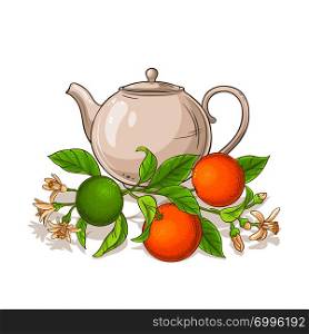 orange tea in teapot illustration on white background. orange tea illustration