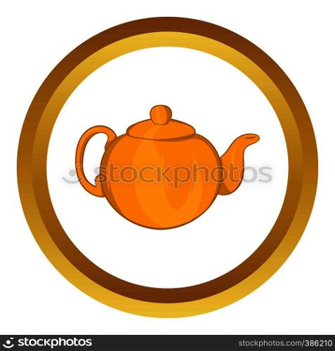 Orange teapot vector icon in golden circle, cartoon style isolated on white background. Orange teapot vector icon