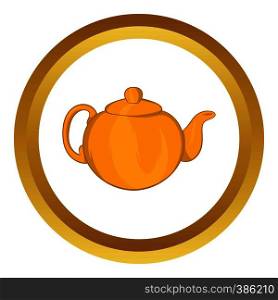 Orange teapot vector icon in golden circle, cartoon style isolated on white background. Orange teapot vector icon