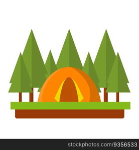 Orange tent in the woods. Outdoor activity. C&and hike. c&fire and rest in forest. Trip to nature. Cartoon flat illustration. Orange tent in the woods. Trip to nature.