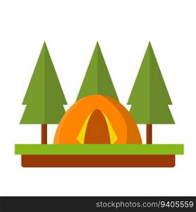 Orange tent in woods. Outdoor activity. Camp and hike. campfire and rest in forest. Trip to nature. Cartoon flat illustration. Orange tent in woods. Outdoor activity.