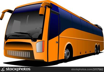 Orange tourist bus on the road. Coach. City bus. Vector illustration