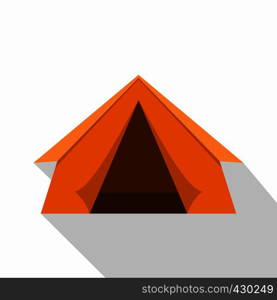 Orange touristic camping tent icon. Flat illustration of orange touristic camping tent vector icon for web. Orange touristic camping tent icon, flat style