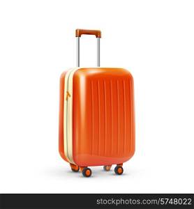 Orange travel plastic suitcase with wheels realistic on white background vector illustration