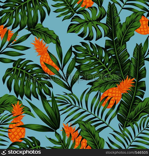 Orange tropical fruit pineapple green palm banana leaves exotic jungle blue background floral summer seamless vector pattern illustration