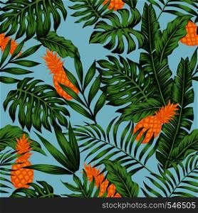 Orange tropical fruit pineapple green palm banana leaves exotic jungle blue background floral summer seamless vector pattern illustration