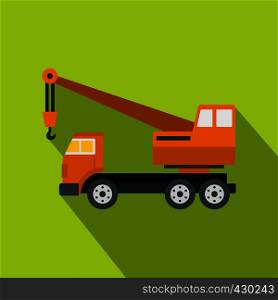 Orange truck crane icon. Flat illustration of orange truck crane vector icon for web. Orange truck crane icon, flat style