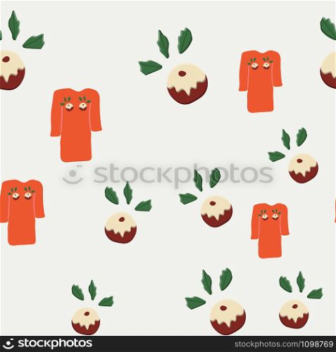 Orange ugly sweater with Christmas pudding seamless pattern. Festive knitted jumper endless design. Holiday decor, winter knitted woolen clothes. Colorful vector illustration in flat cartoon style.. Orange ugly sweater with Christmas pudding seamless pattern.
