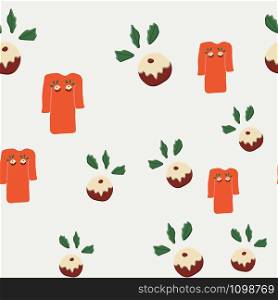 Orange ugly sweater with Christmas pudding seamless pattern. Festive knitted jumper endless design. Holiday decor, winter knitted woolen clothes. Colorful vector illustration in flat cartoon style.. Orange ugly sweater with Christmas pudding seamless pattern.