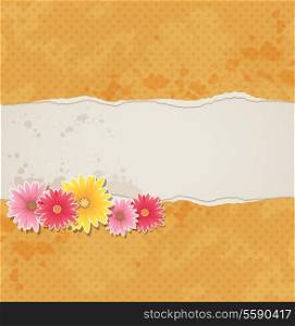 Orange vector vintage background with flowers and torn paper