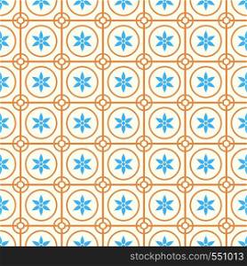 Orange Vintage blossom and circle and hexagon and rectangle seamless pattern on pastel background. Retro and classic symmetry style for old or modern design.