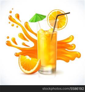 Orange vitamin juice in glass with straw and cocktail umbrella emblem vector illustration