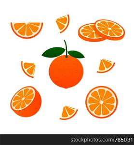 Orange with leaves whole and slices of oranges. Vector illustration of oranges.. Orange with leaves whole and slices of oranges. Vector stock illustration of oranges.