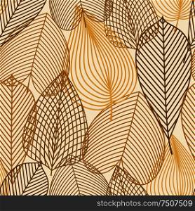 Orange, yellow and brown autumnal leaves seamless pattern with outline elements. Orange, yellow and brown autumnal pattern