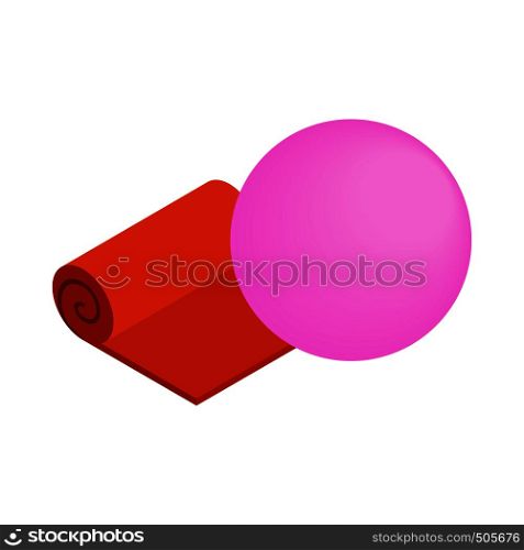 Orange yoga mat and pink fitness ball icon in isometric 3d style on a white background. Orange yoga mat and pink fitness ball icon