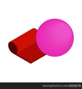 Orange yoga mat and pink fitness ball icon in isometric 3d style on a white background. Orange yoga mat and pink fitness ball icon