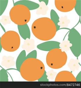 Oranges flowers and fruits seamless pattern. Floral exotic tropical background. Citrus tree hand drawing print. Bloom pattern for wallpaper, textile and packaging vector illustration. Oranges flowers and fruits seamless pattern