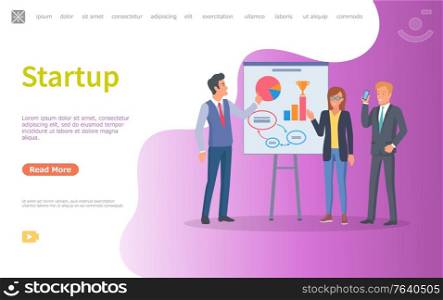 Orator giving ideas of his business project vector. Investors listening to presentation, man showing diagram and infocharts, business strategy. Website or webpage template, landing page flat style. Startup Presentation of New Ideas, Orator Web