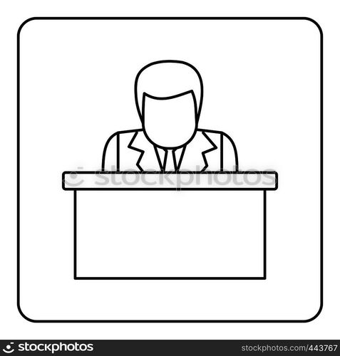 Orator speaking from tribune icon in outline style isolated vector illustration. Orator speaking from tribune icon outline