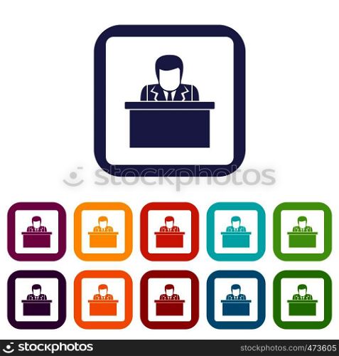 Orator speaking from tribune icons set vector illustration in flat style In colors red, blue, green and other. Orator speaking from tribune icons set flat