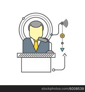 Orator standing behind a podium with microphones. Speaker makes a report to the public. Orator icon. Presentation and performance before an audience. Oratory, lecturer, business seminar orator