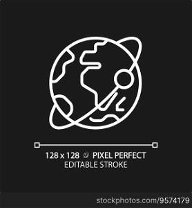 Orbit pixel perfect white linear icon for dark theme. Satellite tracking. Planetary motion. Earth planet. Solar system. Thin line illustration. Isolated symbol for night mode. Editable stroke. Orbit pixel perfect white linear icon for dark theme