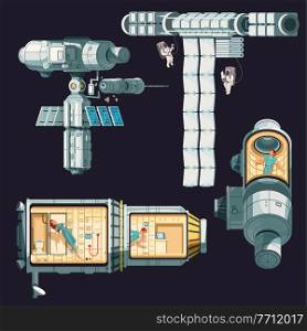 Orbital international space station colored composition it is disassembled into several segments rooms and different transmitters vector illustration. Orbital International Space Station Colored Composition