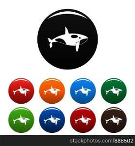 Orca whale icons set 9 color vector isolated on white for any design. Orca whale icons set color