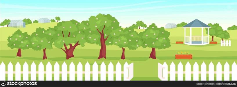 Orchard flat color vector illustration. Beautiful garden 2D cartoon landscape with gazebo and greenhouses on background. Countryside lifestyle, fruit growth. Rural scenery with blooming trees. Orchard flat color vector illustration