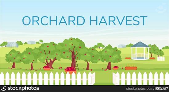 Orchard harvest banner flat vector template. Seasonal farming, gardening brochure, booklet one page concept design with cartoon illustrations. Apple garden growth, agriculture flyer, leaflet. Orchard harvest banner flat vector template