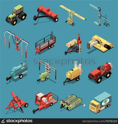 Orchard machinery isometric set of tractor cultivator platform tools for plowing soil spray and embossing trees isolated vector illustration