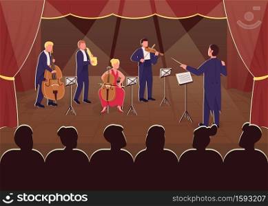 Orchestra symphony performance flat color vector illustration. Conductor with musician. Night live show. Entertainment for audience. Classical music band 2D cartoon characters with stage on background. Orchestra symphony performance flat color vector illustration