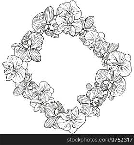Orchid tropical flower wreath banner. Vector line art hand drawn illustration for design of card or invite, background, coloring page.. Orchid tropical flower wreath banner. Vector line art hand drawn illustration for design of card or invite, logo, coloring page