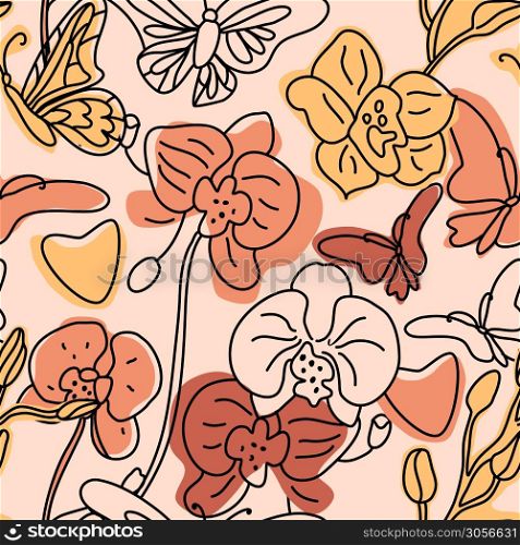 Orchids and butterflies seamless background pattern with hand drawn line abstract shapes.. Orchids and butterflies seamless background pattern with hand drawn line abstract shapes different. Vector trend color illustration. Contour drawing.