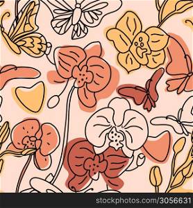 Orchids and butterflies seamless background pattern with hand drawn line abstract shapes.. Orchids and butterflies seamless background pattern with hand drawn line abstract shapes different. Vector trend color illustration. Contour drawing.