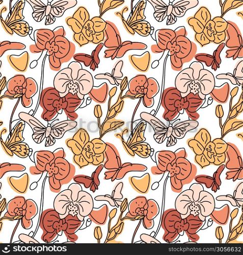 Orchids and butterflies seamless background pattern with hand drawn line abstract shapes.. Orchids and butterflies seamless background pattern with hand drawn line abstract shapes different. Vector trend color illustration on white. Contour drawing.