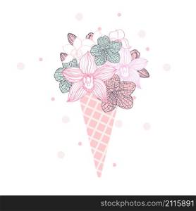 Orchids in a waffle cone. Orchid ice cream. Vector illustration. Hand drawn orchids.Orchids in a waffle cone