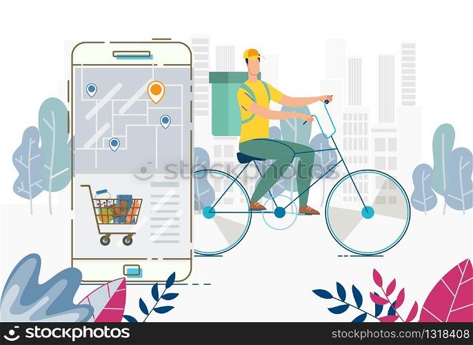 Order and Delivery Anywhere Service. Food Basket via Mobile Application. Deliveryman with Groceries Parcel Package behind Back Riding Bicycle. Online Service for Tracking Shipping Process. Order Delivery Anywhere Food Basket via Mobile App