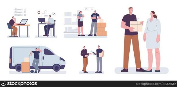 Order and delivery concept. Delivery man transporting goods from office to customer. Online gift buy, courier hold box. Kicky logistic vector scenes. Illustration of service order delivery. Order and delivery concept. Delivery man transporting goods from office to customer. Online gift buy, courier hold box. Kicky logistic vector scenes