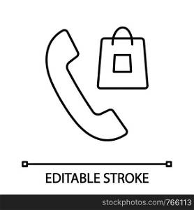 Order confirmation call linear icon. Pay per call. Thin line illustration. Purchases delivery. Handset with shopping bag. Sales call. Ordering information. Vector isolated drawing. Editable stroke. Order confirmation call linear icon
