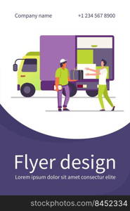 Order delivery service. Courier giving parcel box to customer near truck flat vector illustration. Shipping, logistics, transportation concept for banner, website design or landing web page