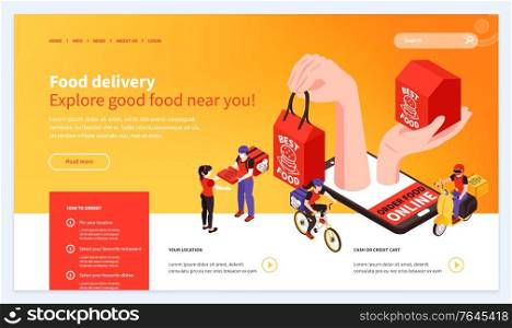 Order fresh food online free delivery service isometric website design with hands holding meals boxes vector illustration