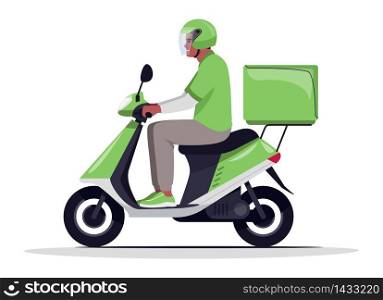 Order home delivery semi flat RGB color vector illustration. African american courier on motorbike. Delivery man on scooter in green uniform isolated cartoon character on white background. Order home delivery semi flat RGB color vector illustration