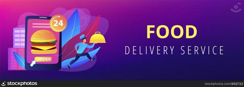 Order huge hamburger on tablet available 24 hours and a cook delivering dish. Food delivery service, online food ordering, 24 7 food service concept. Header or footer banner template with copy space.. Food delivery service concept banner header.