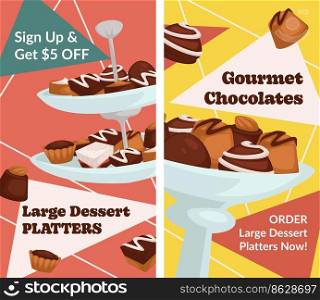 Order large dessert platters, gourmet chocolates. Sign up and get off price reduction. Cuisine and cooking, pastry shop or store. Promotional banner, advertisement poster. Vector in flat style. Gourmet chocolates, dessert plate in shop banner