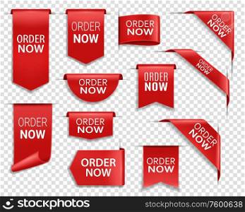 Order now red ribbons, online shopping web banners. Order now icons of corner bookmarks, tags, flags and curved ribbons of red silk. Order now red ribbons, shopping web banners